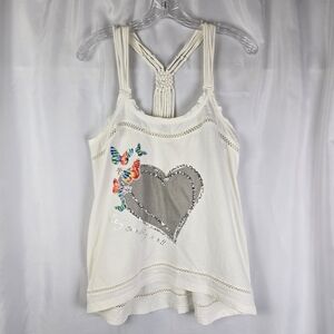 Desigual "Say Somethinh Nice" White Sequin Boho Strapy Tank Top Size Medium